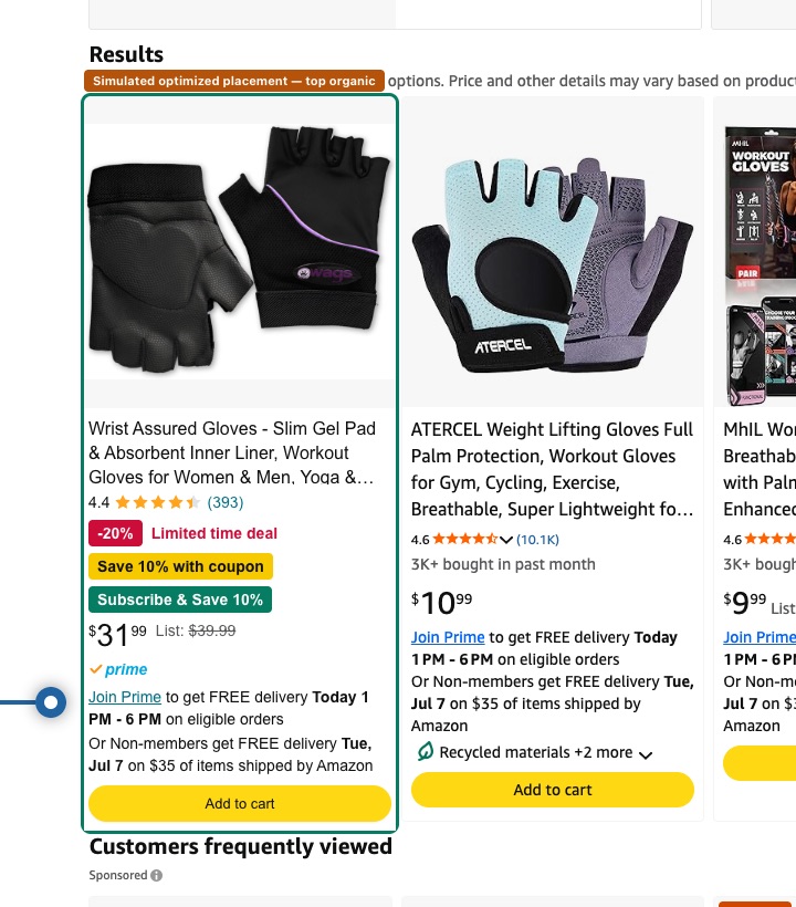 Optimized Amazon search result card with deal, coupon and Subscribe & Save badges among real competitors